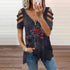 Elegant Large Rose Print T-Shirt Women Summer Hollow Out Splicing Short Sleeve Tops Fashion Loose V Neck Zipper Female Tees 2024